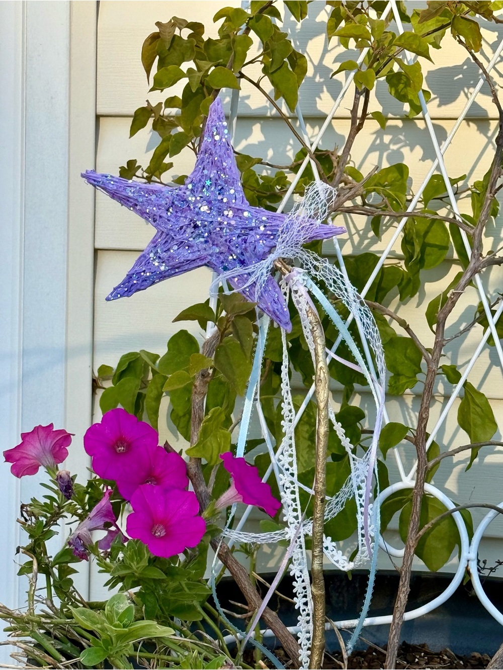 Purple Glitter Star Garden Stake with White Ribbon Accents